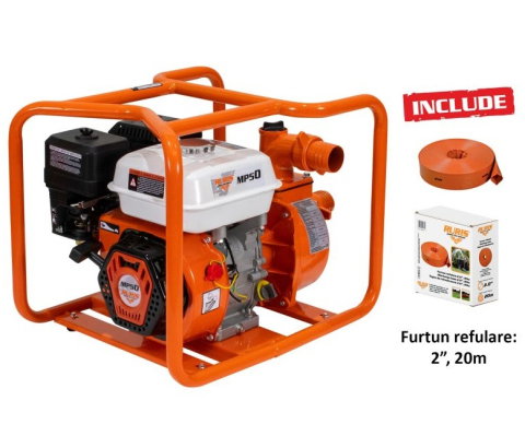 Pompe de apa - Motopompa RURIS MP50, 7 CP, 25 m³/h, furtun refulare 2" 20 m inclus, pentru irigatii si transfer apa