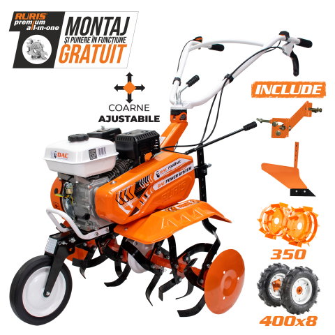 Motosape si motocultoare - Motosapa Ruris DAC 7000acc2 + roti cauciuc 4.00-8 + plug + adaptor + roti metalice 350
