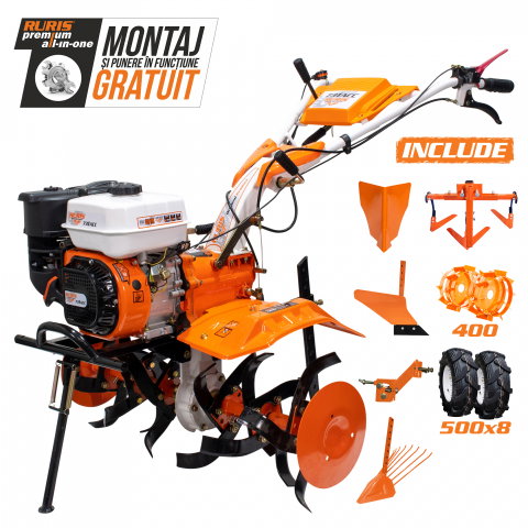 Motosape si motocultoare - Motosapatoare RURIS 731ACC1 8,5 CP + roti cauciuc 5.00-8+rarita+plug+adaptor+dispozitiv scos cartofi+roti metalice 400 fara manicot+cultivator