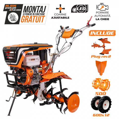 Motosape si motocultoare - Motosapatoare RURIS 918ACC + roti cauciuc 6.00-12 + rarita + plug reversibil rev2 + roti metalice 500 18 CP
