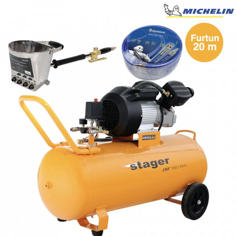Utilaje pentru constructii - Pachet compresor Stager Air 36D100, 100L,10 bar cu masina de tencuit pereti Detoolz si furtun Michelin 20 m