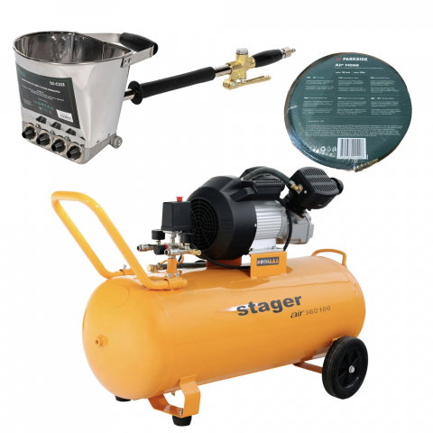 Compresoare - Pachet compresor Stager Air 36D100, 100L,10 bar cu masina de tencuit pereti Detoolz si furtun Parkside 10 m