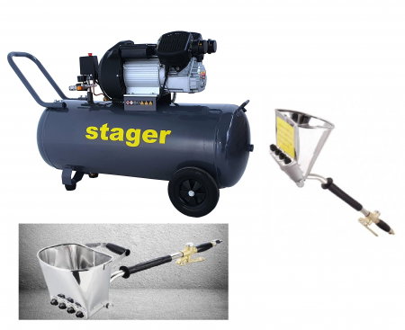 Compresoare - Pachet Compresor Stager HM3100V, 100L, 8bar, 356L/min, monofazat cu masina de tencuit pereti si masina de tencuit tavan Detoolz cu duze si cuple rapide