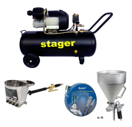Pachet compresor Stager HM3100V 3CP, 100L,10 bar cu masina de tencuit pereti Detoolz, Pistol tencuit 5 l si furtun 20m MICHELIN [0]