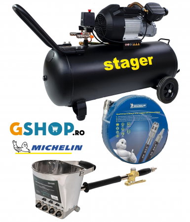 Pachet compresor Stager HM3100V 3CP, 100L,10 bar cu masina de tencuit pereti Detoolz si furtun Michelin 20 m [0]