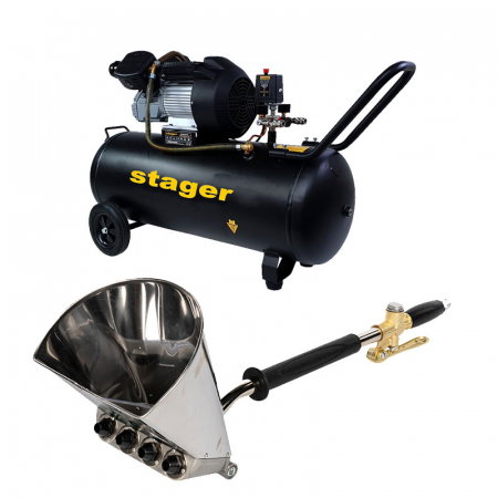Pachet compresor Stager HM3100V 3CP, 100L, 10bar cu masina tencuit tavan Detoolz, cupla rapida si duze incluse, ideal pentru costructii [0]