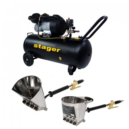 Pachet Compresor Stager HM3100V, 100L, 10bar, 356L/min, monofazat cu masina de tencuit pereti si masina de tencuit tavan Detoolz cu duze si cuple rapide [0]