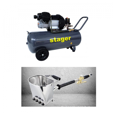 Compresoare - Pachet compresor Stager HM3100V 3CP, 100L, 8bar cu masina tencuit pereti Detoolz pneumatica, cupla rapida si duze incluse, ideal pentru costructii