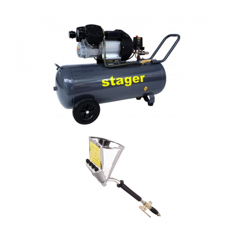 Compresoare - Pachet compresor Stager HM3100V 3CP, 100L, 8bar cu masina tencuit tavan Detoolz, cupla rapida si duze incluse, ideal pentru costructii
