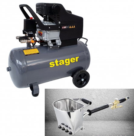 Pachet hobby pentru tencuit include Compresor Stager HM2050B 50L si Masina tencuit pereti Detoolz pneumatica, cupla rapida si duze incluse [0]