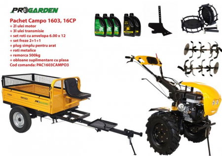 Motosape si motocultoare - Pachet motocultor Campo 1603, benzina, 16CP, 2+1 trepte, remorca 500kg, accesorii, ulei motor si transmisie incluse