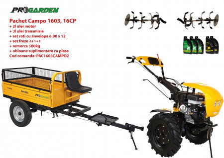 Motosape si motocultoare - Pachet motocultor Campo 1603, benzina, 16CP, 2+1 trepte, remorca 500kg, ulei motor si transmisie incluse