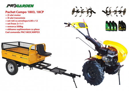 Motosape si motocultoare - Pachet motocultor Campo 1803, benzina, EURO5, 18CP, 2+1 trepte, remorca 500kg, ulei motor si transmisie incluse