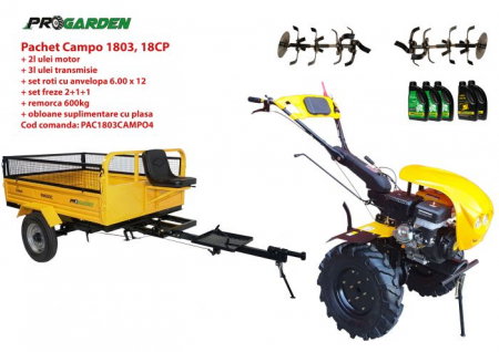 Motosape si motocultoare - Pachet motocultor Campo 1803, benzina, EURO5, 18CP, 2+1 trepte, remorca 600kg ulei motor si transmisie incluse