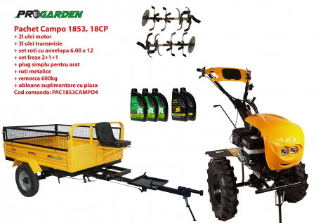 Motosape si motocultoare - Pachet motocultor Campo 1853, benzina, EURO5, 18CP, 2+1 trepte, remorca 600kg ulei motor si transmisie incluse