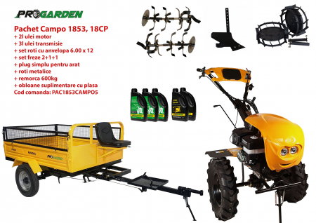 Motosape si motocultoare - Pachet motocultor Campo 1853, benzina, EURO5, 18CP, 2+1 trepte, remorca 600kg, accesorii, ulei motor si transmisie incluse