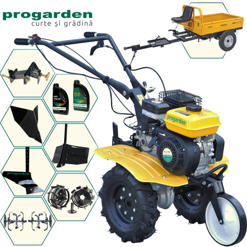 Motosape si motocultoare - ProGARDEN Pachet Campo 703 Motocultor 7CP + Remorca RM500C + Plug simplu + 2xPlug bilonat/rarita + Adaptor + 2 Roti metalice 350x6 + 2L Ulei