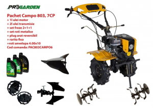 Motosape si motocultoare - Pachet motocultor Campo 803, benzina, 7CP, 2+1 trepte, 2+1+1 freze, plug bilonat, accesorii, ulei motor si transmisie incluse