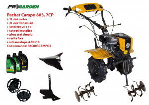 Motosape si motocultoare - Pachet motocultor Campo 803, benzina, 7CP, 2+1 trepte, 2+1+1 freze, plug bilonat, accesorii, ulei motor si transmisie incluse