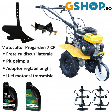 Motosape si motocultoare - Pachet motocultor ProGARDEN Campo 703 cu freze pentru sapat, plug, adaptor reglabil universal, ulei motor si ulei transmisie
