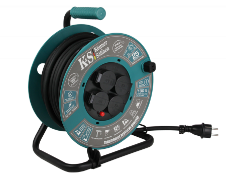 Prelungitor cu tambur KS CR-25M Konner & Sohnen, 3600 W, 25 metri, stecher 1 x 16А / 230V, prize 4 x 16А / 230V, cablu 3*2.5 mm din cupru, tambur din plastic [1]