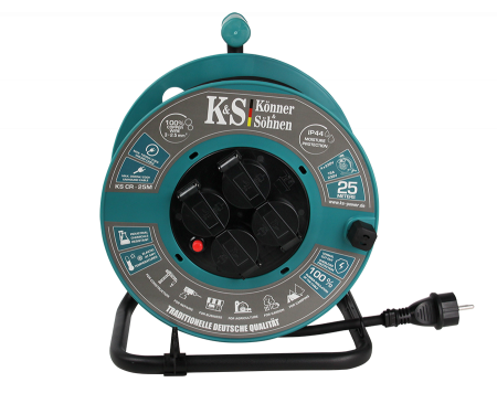 Prelungitor cu tambur KS CR-25M Konner & Sohnen, 3600 W, 25 metri, stecher 1 x 16А / 230V, prize 4 x 16А / 230V, cablu 3*2.5 mm din cupru, tambur din plastic