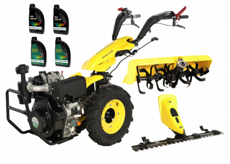 Motosape si motocultoare - ProGARDEN Campo U12E motocultor multifunctional 12CP, diesel, pornire electrica, 3+2 viteze, reductor cu freza tractata 90 cm si lama cosire cu masa dubla 120 cm + CADOU ulei motor si transmisie - Cop