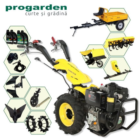 Motosape si motocultoare - ProGARDEN Pachet Campo U12E Motocultor 12CP + RM500C Remorca 500Kg + BC120M Bara cosire + 3xPlug + FT90 Freza tractata + 2xRoti metalice RM47 + 2xCuple + 4L Ulei