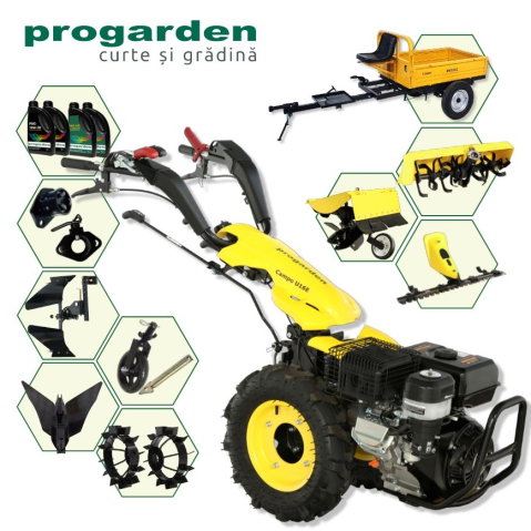 Motosape si motocultoare - ProGARDEN Pachet Campo U16E Motocultor 14CP + RM500C Remorca 500Kg + BC120M Bara cosire + 3xPlug + FT90 Freza tractata + 2xRoti metalice RM47 + 2xCuple + 4L Ulei