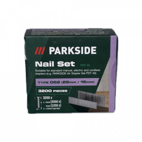 Accesorii compresoare - Set Cuie 25mm/15mm Parkside PDT 40 – 3200 Bucăți, Compatibil cu Capsatoarele Manuale și Pneumatice