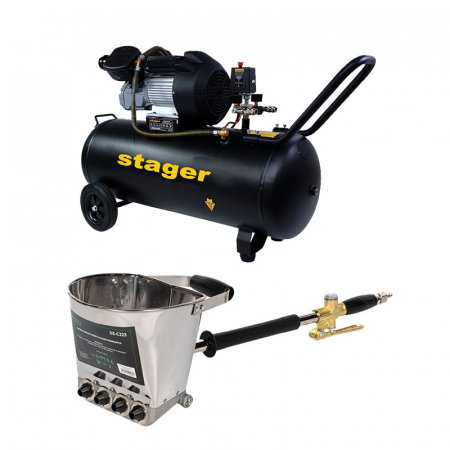 Pachet compresor Stager HM3100V 3CP, 100L,10 bar cu masina tencuit pereti Detoolz pneumatica, cupla rapida si duze incluse, ideal pentru costructii [0]