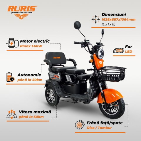 Triciclu electric RURIS Pilot 3010G Gri, 1600W, 2 locuri, autonomie pana la 50 km [1]