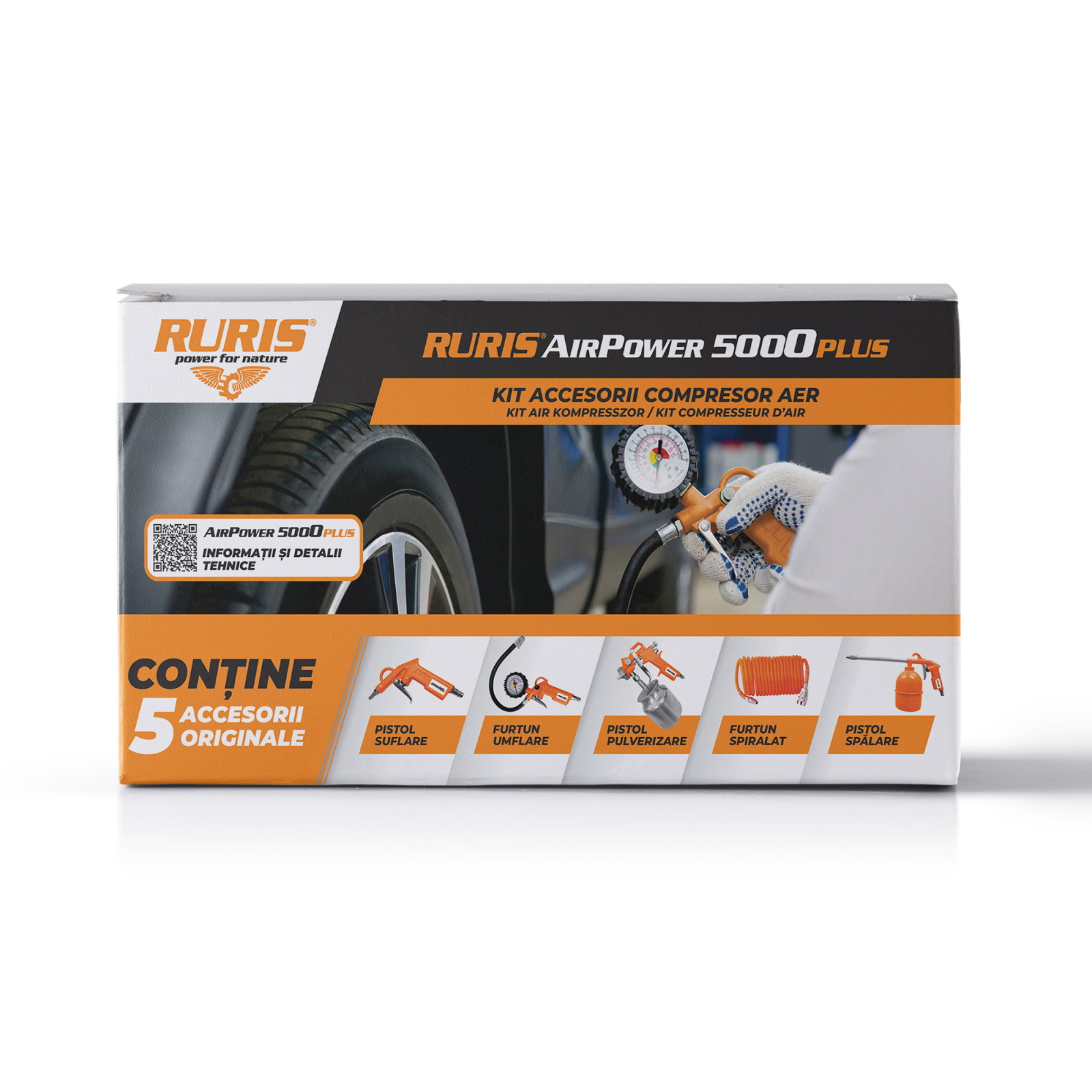Kit accesorii compresor RURIS AirPower 5000 PLUS, 5 piese, furtun spiralat 5 m