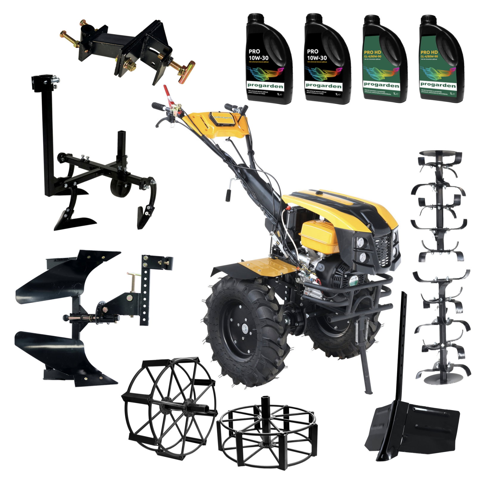ProGARDEN Pachet Campo 1873 Alpine V2 Motocultor 18CP + Plug bilonat + Plug reversibil + Prasitoare + Adaptor + 2 roti metalice 540x170 + 4L Ulei
