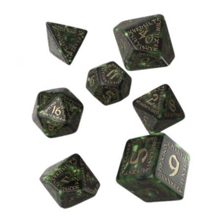 Zaruri - Q-Workshop Runic Bottle-Green & Gold Dice Set (7 dice)