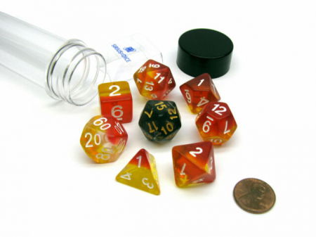 Precomenzi - Yellow & Red Translucent Polyhedral Dice Set - Sirius Dice