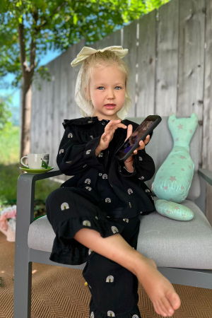 Fete - Compleu Fetiță din Muselină cu Guler și Volane- Negru Curcubeu