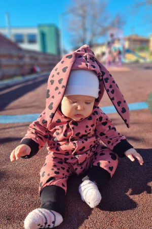 Fete - Salopetă cu Nasturi și Glugă -Roz cu Inimioare