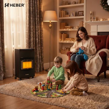 Seminee electrice - Soba metalica pe gaz GPL, cu roti, mobila, Heber®, 3 trepte de putere, negru