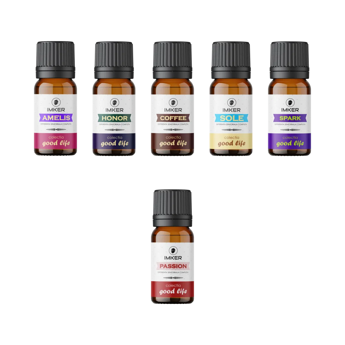 Essential oil aroma packages - 6 premium ambient fragrances from the IMKER GoodLife 2025 collection – SPARK, PASSION, AMELIS, SOLE, HONOR, and COFFEE.