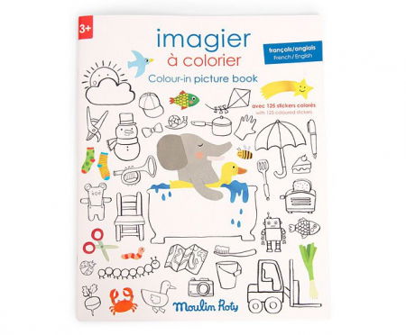 Idei de cadouri sub 100 de lei - Carte de desen cu abtibilduri Engleza-Franceza, Moulin Roty