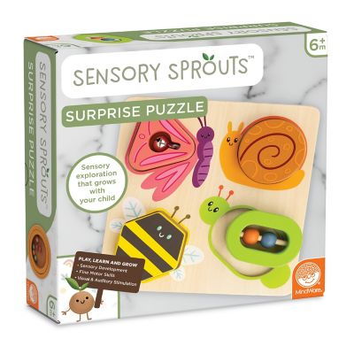 Jucării copii 0-2 ani - Jucarie senzoriala din lemn, de tip puzzle, pentru bebelusi, Sensory Sprouts Surprise Puzzle