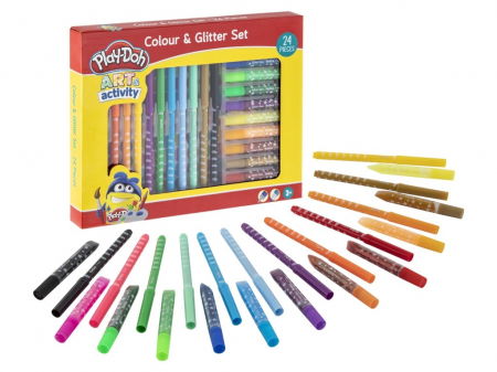 Rechizite școlare - Set creativ, Coloreaza si lipeste cu sclipici, 12 carioci si 12 tuburi cu lipici, Play-Doh