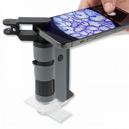 Jucării științifice și experimente - Microscop portabil cu LED si UV, cu adaptor de smartphone, marire 100-250x, MicroFlip