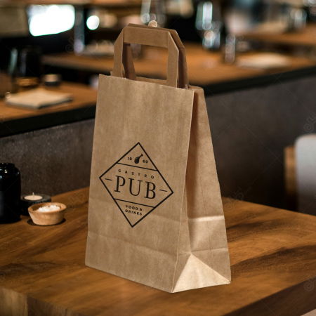 Pungi personalizate - Pungi hartie personalizate cu maner banda, imprimare fata, 26+17x 35 cm, hartie natur 80g