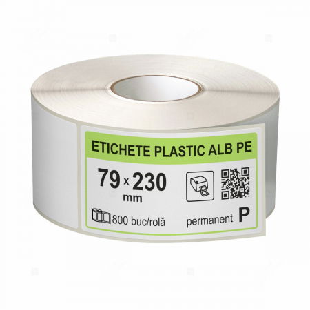 Etichete in rola - Rola etichete autoadezive plastic, PE alb, 79x230 mm, adeziv permanent, 800 etichete/rola