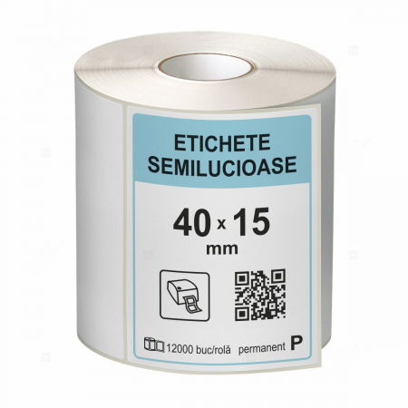 Etichete in rola - Rola etichete autoadezive semilucioase 40x15 mm, adeziv permanent, 12000 etichete/rola