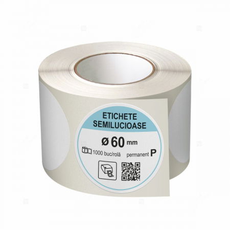 Etichete in rola - Rola etichete autoadezive semilucioase, rotunde, diametru 60 mm, adeziv permanent, 1000 etichete/rola