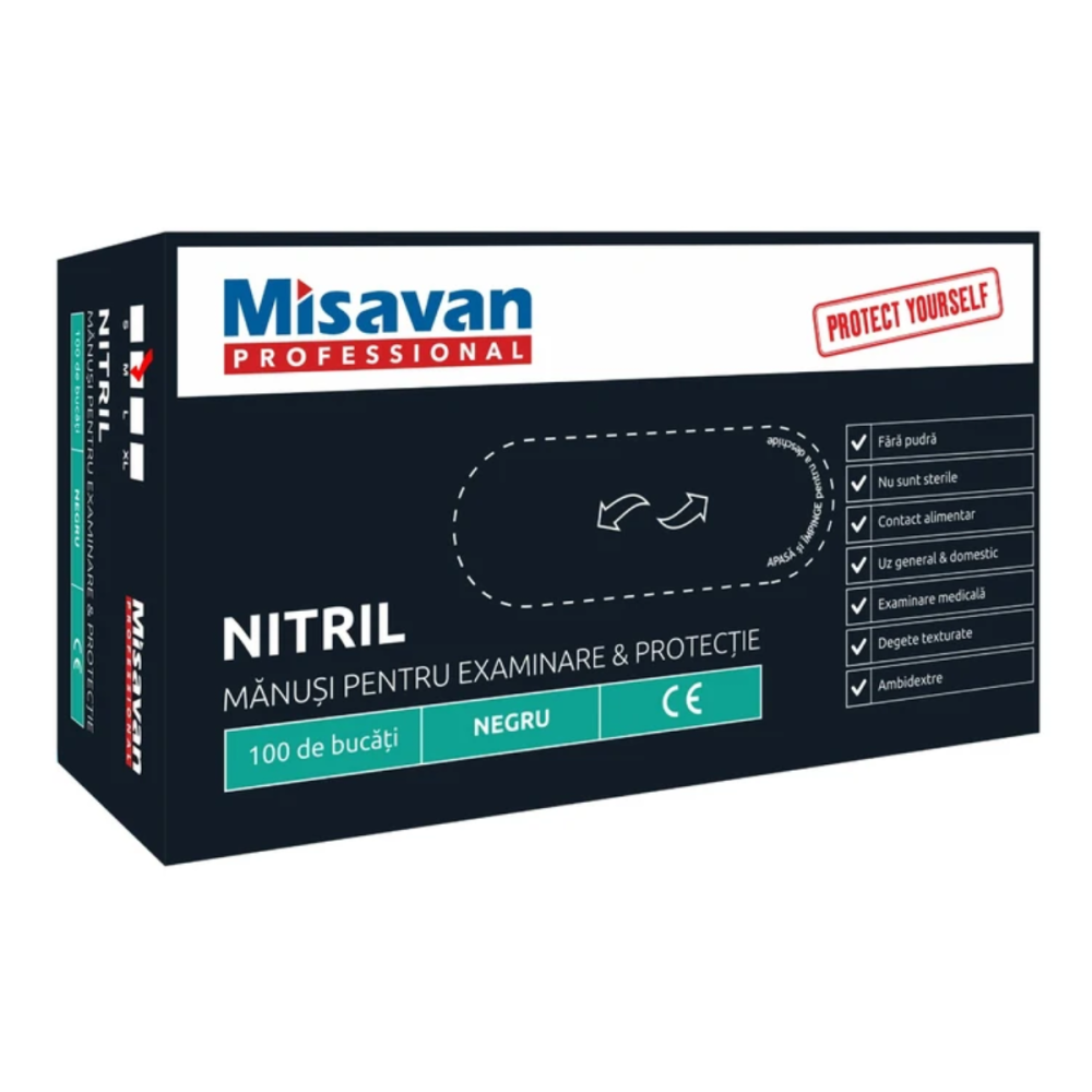 Manusi unica folosinta nitril Misavan, marime M, negru, 100 buc/set [1]