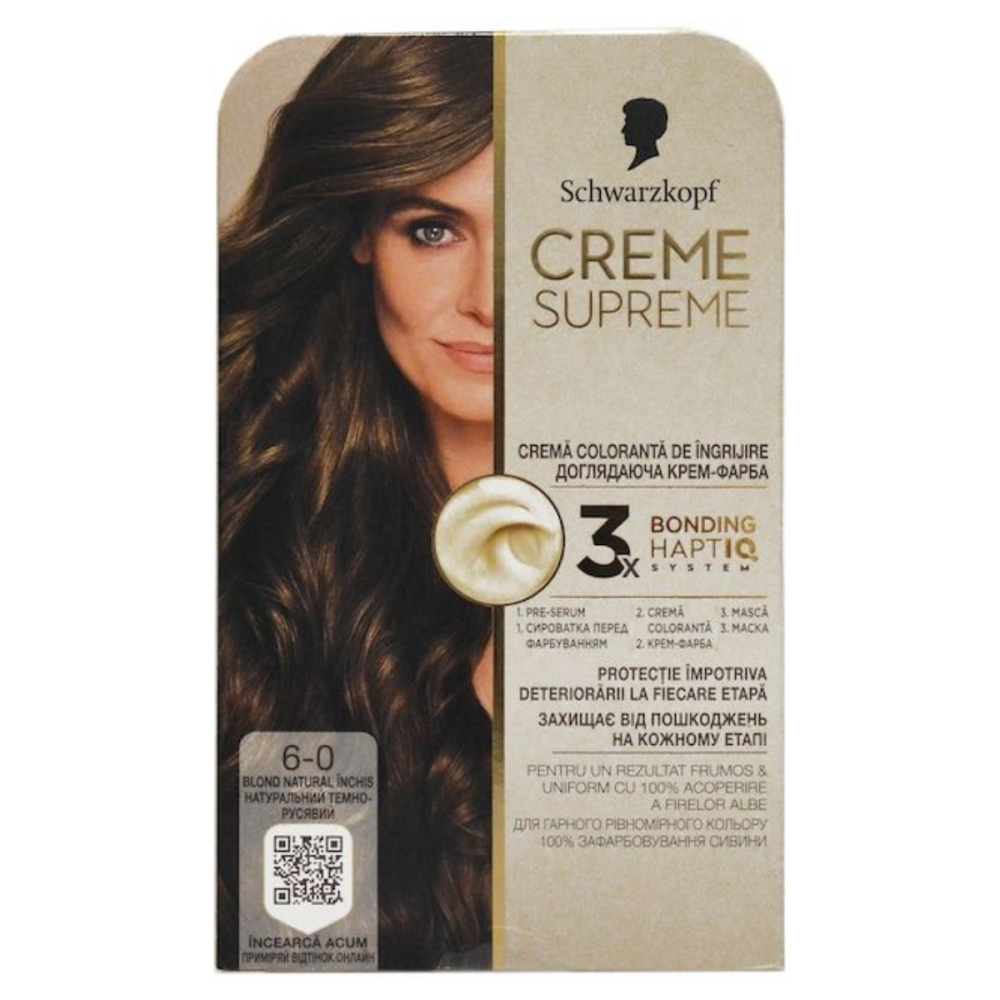 Vopsea de par permanenta cu amoniac Schwarzkopf Creme Supreme, 6-0 Blond Natural Inchis, 182 ml [1]